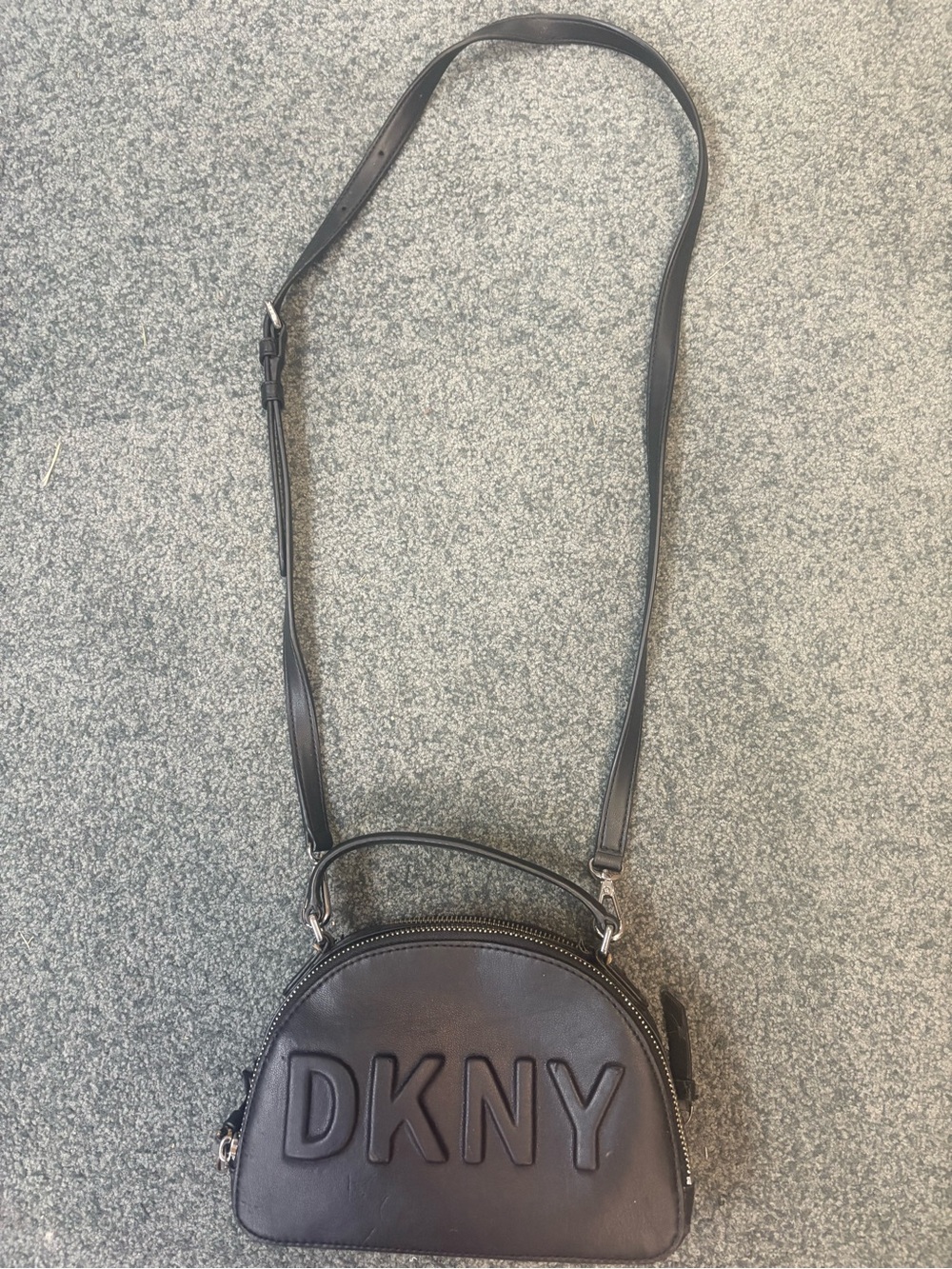 DKNY Black Leather Dome Crossbody with Embossed Logo